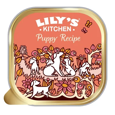 Lily's Kitchen Puppy Recipe text on product packaging with illustrated puppies and flowers.