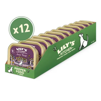 Pack of 12 Lily's Kitchen Senior Recipe trays, proper food for dogs, displayed in a green box. Each tray is labelled for dogs aged 8 years and over.