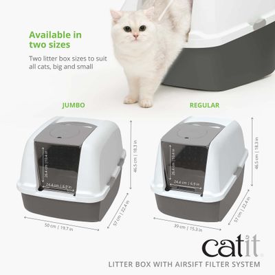 Två kattlådor från catit med Airsift-filtersystem i storlekarna Jumbo (57x50x46,5 cm) och Regular (57x39x46,5 cm), båda med svängdörr 24,4x26,4 cm.