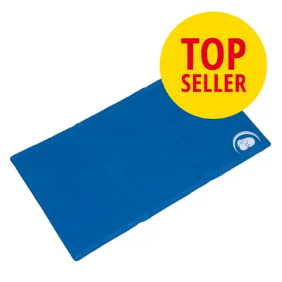 Blaue, faltbare Matte mit weißem Pfoten-Logo. Gelber Kreis mit rotem Text: TOP SELLER. Blaue, faltbare Matte mit weißem Pfoten-Logo. Gelber Kreis mit rotem Text: TOP SELLER.