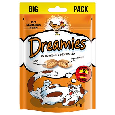 Sachet Dreamies 110 g, snacks pour chats au poulet, moins de 2 kcal par pièce, texte en allemand : außen kross, innen cremig, Die traumhaften Katzensnacks!
