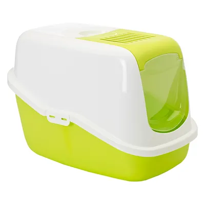 Lukket kattebakke i hvid og lysegrøn plast med gennemsigtig svingdør, ventilationsriste og håndtag på toppen. Ingen synlig mærkning eller tekst.