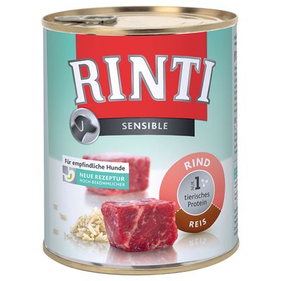 Консервы Rinti Sensible для собак, видны кусок говядины, рис, надписи: RIND, REIS, nur 1 tierisches Protein, Für empfindliche Hunde, Neue Rezeptur noch bekömmlicher.