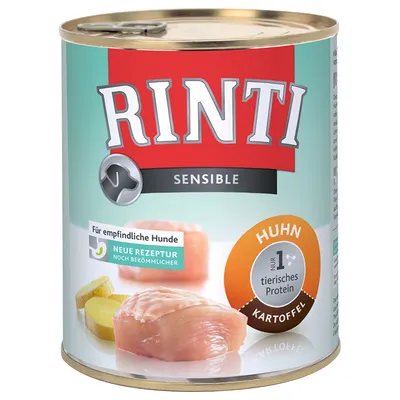 RINTI Sensible dåsefoder til hunde. Synlig tekst: Für empfindliche Hunde, Neue Rezeptur noch bekömmlicher, Huhn, nur 1 tierisches Protein, Kartoffel.