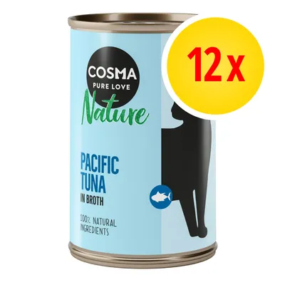 Pack of 12 Cosma Nature Pacific Tuna in Broth cans, 100% natural ingredients, as shown on product label.