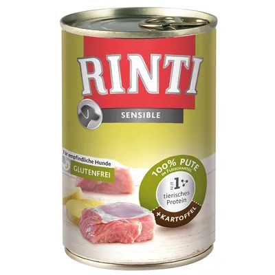 Rinti Sensible burk med text: Für empfindliche Hunde, glutenfrei, 100 % Pute im Fleischanteil, aus 1 tierisches Protein, +Kartoffel. Bild på kött och potatis.