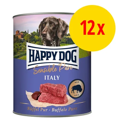 Happy Dog Sensible Pure Italy Büffel Pur, Abbildung einer Dose mit rohem Büffelfleisch und gelbem Kreis mit roter Aufschrift 12x.