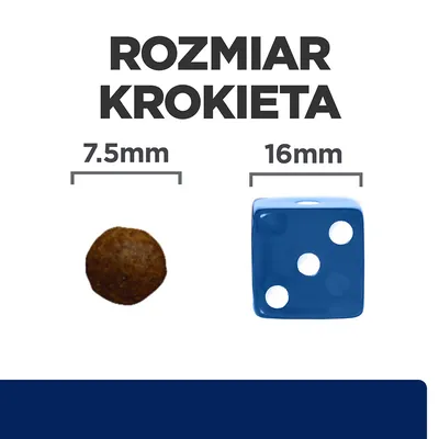 Rozmiar krokieta: średnica 7,5 mm. Porównanie z kostką do gry o boku 16 mm.