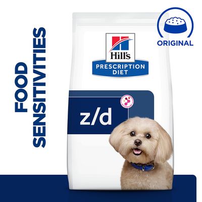 Sac Hill's Prescription Diet z/d, mention intolérances alimentaires, logo Original, image d’un chien devant l’emballage. Texte visible : PRESCRIPTION DIET, z/d, ORIGINAL.