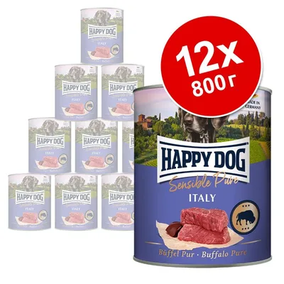 Комплект 12 консерви по 800 г Happy Dog Sensible Pure Italy Büffel Pur. На етикета има изображение на месо и бивол, видими са марката и продуктът.