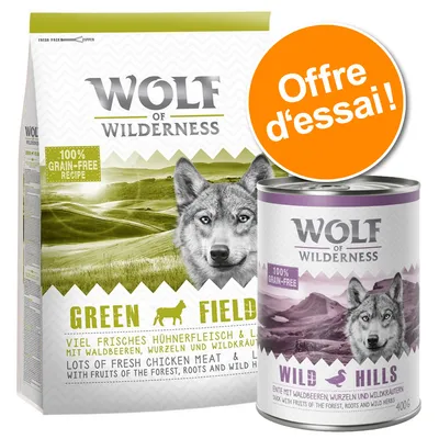 Offre d'essai Wolf of Wilderness croquettes + boîtes - Green Fields, agneau