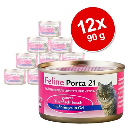 Lot de 12 boîtes Feline Porta 21 pour chats, 90 g chacune, thon entier avec crevettes en gel. Texte visible en allemand sur l’étiquette.