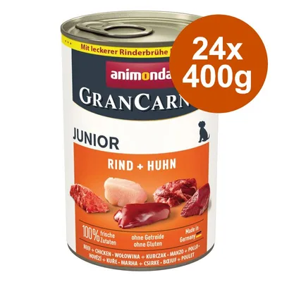 Konzerva animonda GranCarno Junior Rind + Huhn, 24×400g. Text: 100% frische Zutaten, ohne Getreide ohne Gluten, Made in Germany. Vyobrazené maso: hovězí, kuře. Konzerva animonda GranCarno Junior Rind + Huhn, 24×400g. Text: 100% frische Zutaten, ohne Getreide ohne Gluten, Made in Germany. Vyobrazené maso: hovězí, kuře.