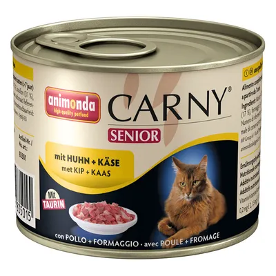 Blik Animonda Carny Senior kattenvoer, met kip en kaas, zichtbaar: afbeelding van kat, stukjes vlees in kom, tekst 'mit HUHN + KÄSE', 'met KIP + KAAS', 'Mit TAURIN'.