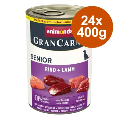Konzerva animonda GranCarno Senior Rind + Lamm, 24×400g. Text: 100% frische Zutaten, ohne Getreide ohne Gluten, Made in Germany. Vyobrazené kusy masa a vnitřností. Konzerva animonda GranCarno Senior Rind + Lamm, 24×400g. Text: 100% frische Zutaten, ohne Getreide ohne Gluten, Made in Germany. Vyobrazené kusy masa a vnitřností.