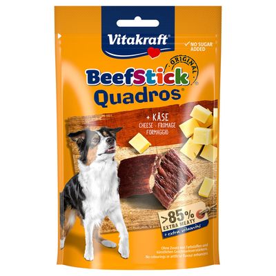 Vitakraft BeefStick Quadros with cheese. No added sugar, 85% extra meat, added vitamins. No colourings or artificial flavour enhancers.