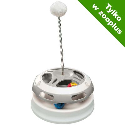 Zabawka dla kota z okrągłą podstawą, kulkami w środku i sprężyną zakończoną białym pomponem. Napis: Tylko w zooplus.