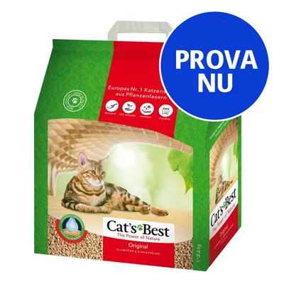 Förpackning Cat's Best Original kattsand, text: Europas Nr. 1 Katzestreu aus Pflanzenfasern, symboler för klumpbildande, biologiskt nedbrytbar, dammfri, dryg. Blå cirkel med text PROVA NU.