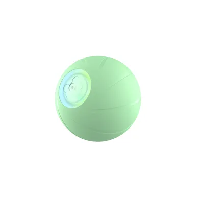 Balle verte en plastique avec un embout rond blanc et motif patte visible sur une face. Aucun texte ou marque apparente.