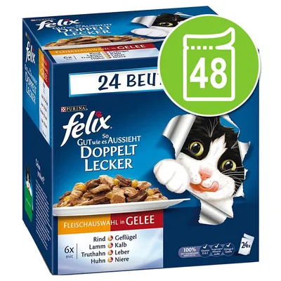 Purina Felix So Gut wie es aussieht Doppelt Lecker cat food, 24 pouches, Fleischauswahl in Gelee. Visible meats: Rind, Geflügel, Lamm, Kalb, Truthahn, Leber, Huhn, Niere. Green icon with 48.