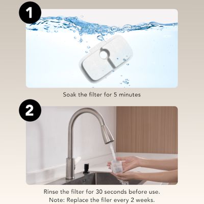 Anleitung zur Filtervorbereitung: Schritt 1 - Filter für 5 Minuten einweichen. Schritt 2 - Filter 30 Sekunden abspülen. Hinweis: Filter alle 2 Wochen ersetzen.