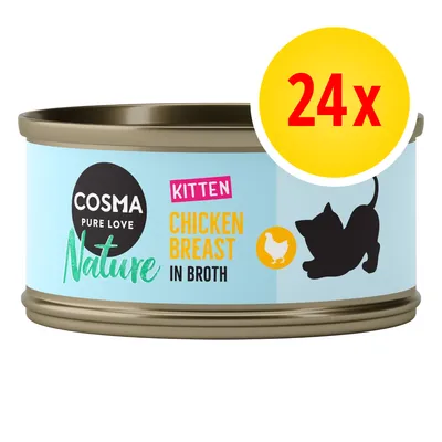 Cosma Pure Love Nature Kitten Chicken Breast in Broth, zestaw 24 puszek. Widoczny napis oraz grafika kota i kurczaka na etykiecie.