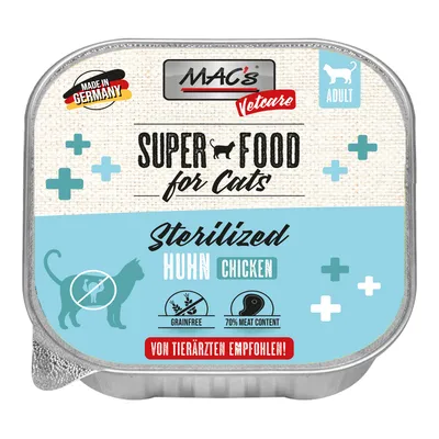 MAC's Vetcare Super Food dla kotów, sterylizowane, kurczak, wyprodukowane w Niemczech, dorosłe, bez zbóż, 70% mięsa, polecane przez weterynarzy.