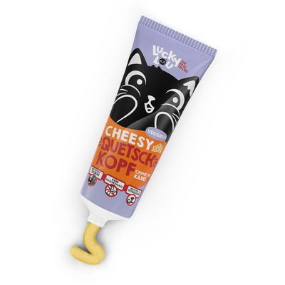 Lucky Lou Cheesy Quetschkopf Veggie! kräm med ost. Utan tillsatt socker, utan konstgjorda färgämnen, laktosfri.
