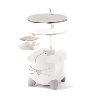 Exploded view of a white drinking fountain with cat motif, showing removable parts: stainless steel plate, filter insert and water container.