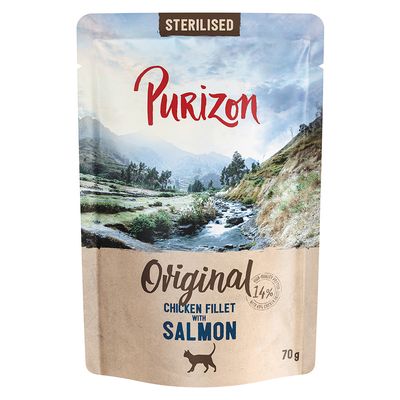Purizon Adult 12 x 70 g - bez obilnín Sterilised: kuracie filety s lososom