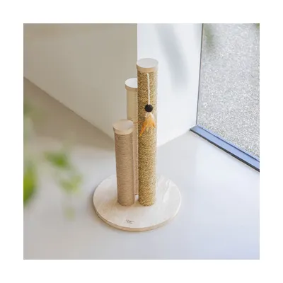 Cat tree with three sisal posts of different heights on a round wooden base, includes toy with feather and ball.