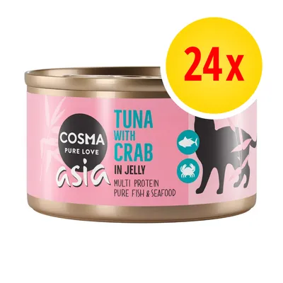 Cosma Asia tuna with crab in jelly, multi protein pure fish and seafood, 24 cans pack shown on label