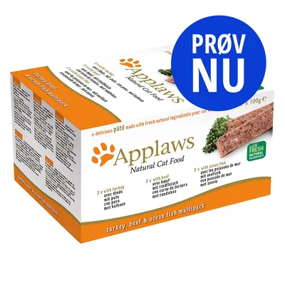 Applaws Natural Cat Food multipack, turkey, beef & ocean fish. 2 x med kalkun, 3 x med oksekød, 2 x med havfisk. PRØV NU-mærke på pakken.
