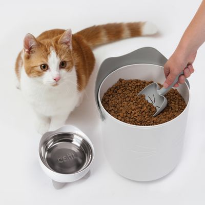 Paletta per mangime con design a forma di gatto, contenitore bianco con cibo secco e ciotola in acciaio inox incisa 'Catit', gatto sullo sfondo.