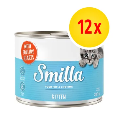Pack of 12 cans, each 200g, labelled for kittens, with poultry hearts, contains taurine, grain-free. Text: Food for a lifetime.