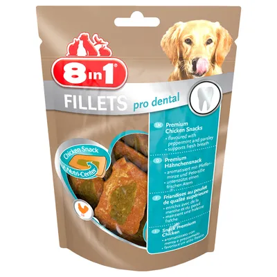 8in1 FILLETS pro dental Chicken Snack, zichtbare stukjes kipfilet in hersluitbare verpakking, tekst: premium chicken snacks met munt en peterselie, ondersteunt frisse adem.