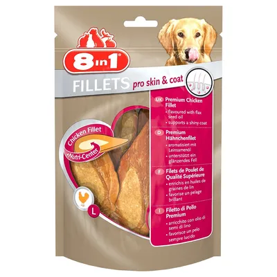 8 in 1 FILLETS pro skin & coat, Chicken Fillet +Nutri-Center. Пакет с пилешки филета за кучета, видими парчета вътре. Текст на английски: Premium Chicken Fillet, supports a shiny coat. 8 in 1 FILLETS pro skin & coat, Chicken Fillet +Nutri-Center. Пакет с пилешки филета за кучета, видими парчета вътре. Текст на английски: Premium Chicken Fillet, supports a shiny coat.