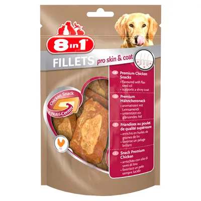 8in1 Fillets pro skin & coat. Premium pileći snack s aromom lanenog ulja, podržava sjajnu dlaku. Chicken Snack s Nutri-Center.