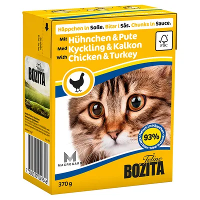 Feline Bozita kattmat 370 g, bitar i sås med kyckling och kalkon. Text: 93 % köttinnehåll, FSC-märkt förpackning, MacroGard. Bild på kattansikte.
