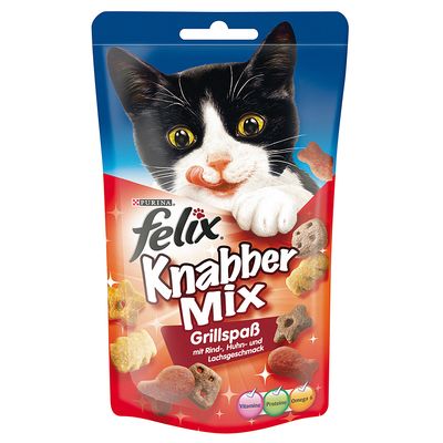 Confezione di snack per gatti Purina Felix Knabber Mix Grillspaß, visibili forme diverse. Testo in tedesco: mit Rind-, Huhn- und Lachsgeschmack. Vitamine, Proteine, Omega 6.