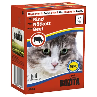 Feline Bozita s hovädzím, 370 g. Text: Häppchen in Soße. Mit Rind. With Beef. 93 % Fleisch im Häppchen. MACROGARD. FSC. Obrázok mačky na obale.