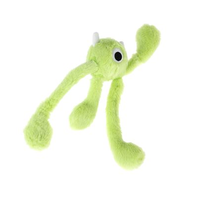 Giocattolo di peluche verde con braccia lunghe, un occhio e due piccole corna.