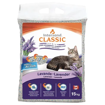 Intersand Classic Premium nisip aglomerant cu parfum de lavandă, Triple Action, neutralizează mirosurile, formare de bulgări foarte puternică, fără praf, pachet de 15 kg, produs canadian.