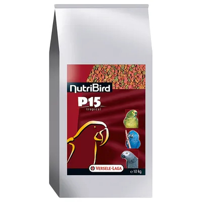 NutriBird P15 tropical, Versele-Laga, 10 kg. Immagine di pappagalli e mangime per uccelli su sfondo rosso.