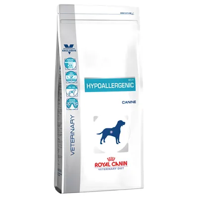 Royal Canin Veterinary Diet Hypoallergenic DR 21 za pse. Embalaža z modro silhueto psa in ikonami za zaščito kože, podporo prebavi ter EPA/DHA.