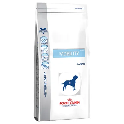 Упаковка корма для собак Royal Canin Veterinary Diet Mobility. Видны надписи: MOBILITY, CANINE, VETERINARY EXCLUSIVE, изображение собаки и логотип Royal Canin.
