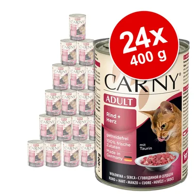 Carny Adult Rind + Herz kattemad, 24 x 400 g dåser. Tekst: getreidefrei, 100% frische Zutaten, Made in Germany, mit Taurin. Billede af kat og skål med kød.