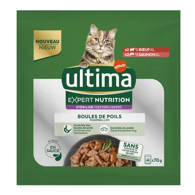 Ultima Expert Nutrition Stérilisé cat food, visible text: Boules de Poils, 4 x 70g, contrôle des boules de poils, contrôle du poids, sans colorants ni conservateurs ajoutés. Text in French.