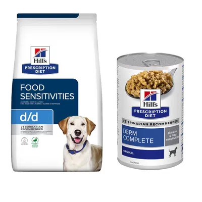 Hill's Prescription Diet Food Sensitivities d/d sacco e Derm Complete lattina, alimenti per cani con sensibilità alimentari e cura della pelle. Testo visibile: VETERINARIAN RECOMMENDED.
