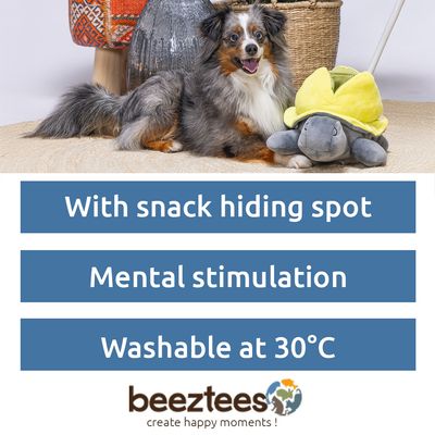 Plush toy in the shape of a grey turtle with a yellow shell, suitable for pets.